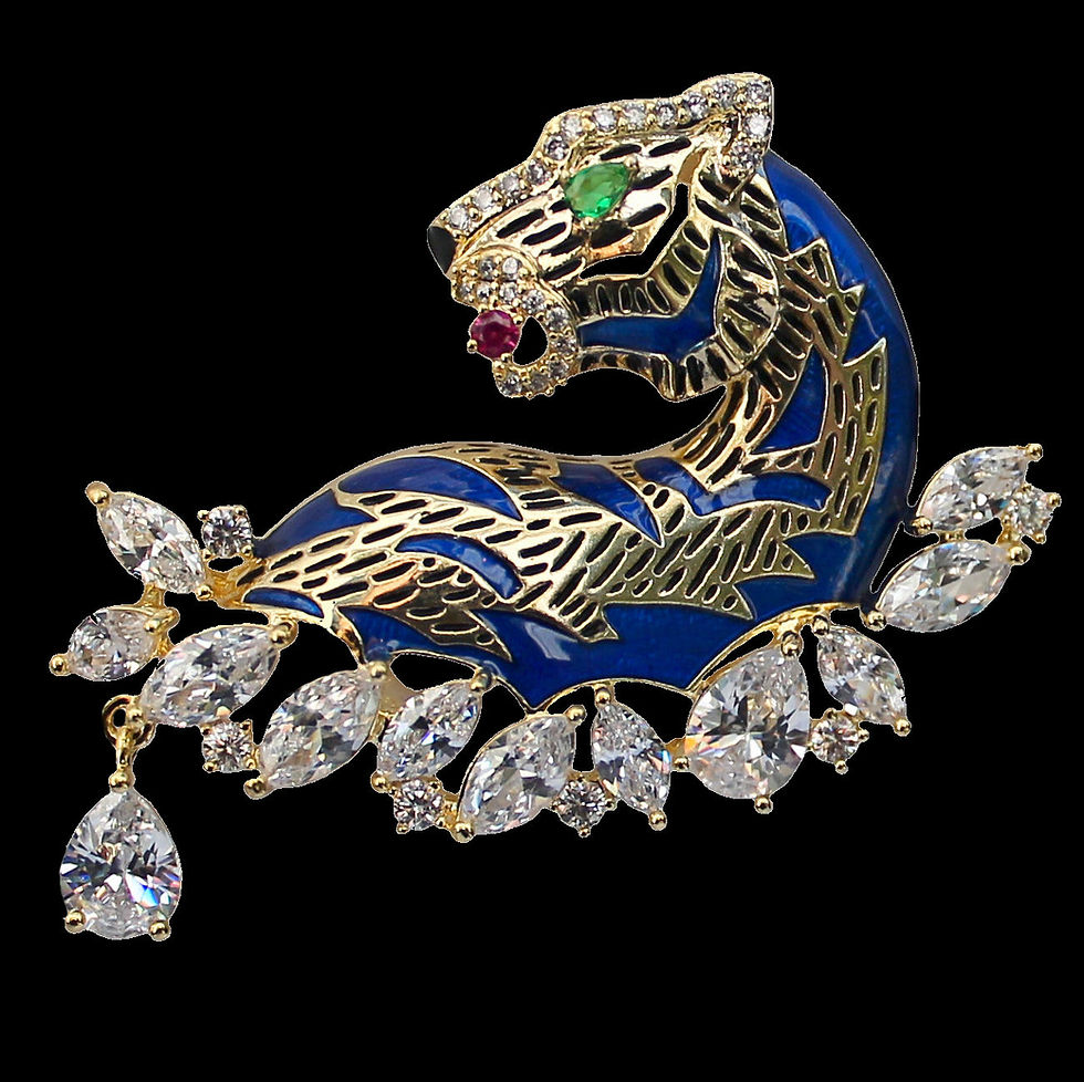 Miniature : Broche tigre émaillée bleue ou noire avec zirconium cubique blanc