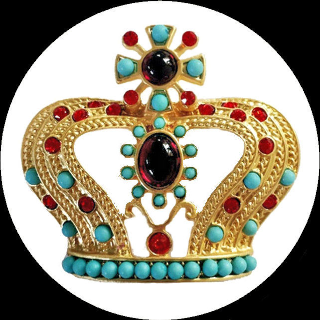 Crown brooch in matt gold-coloured metal with red and turquoise-coloured glass crystals