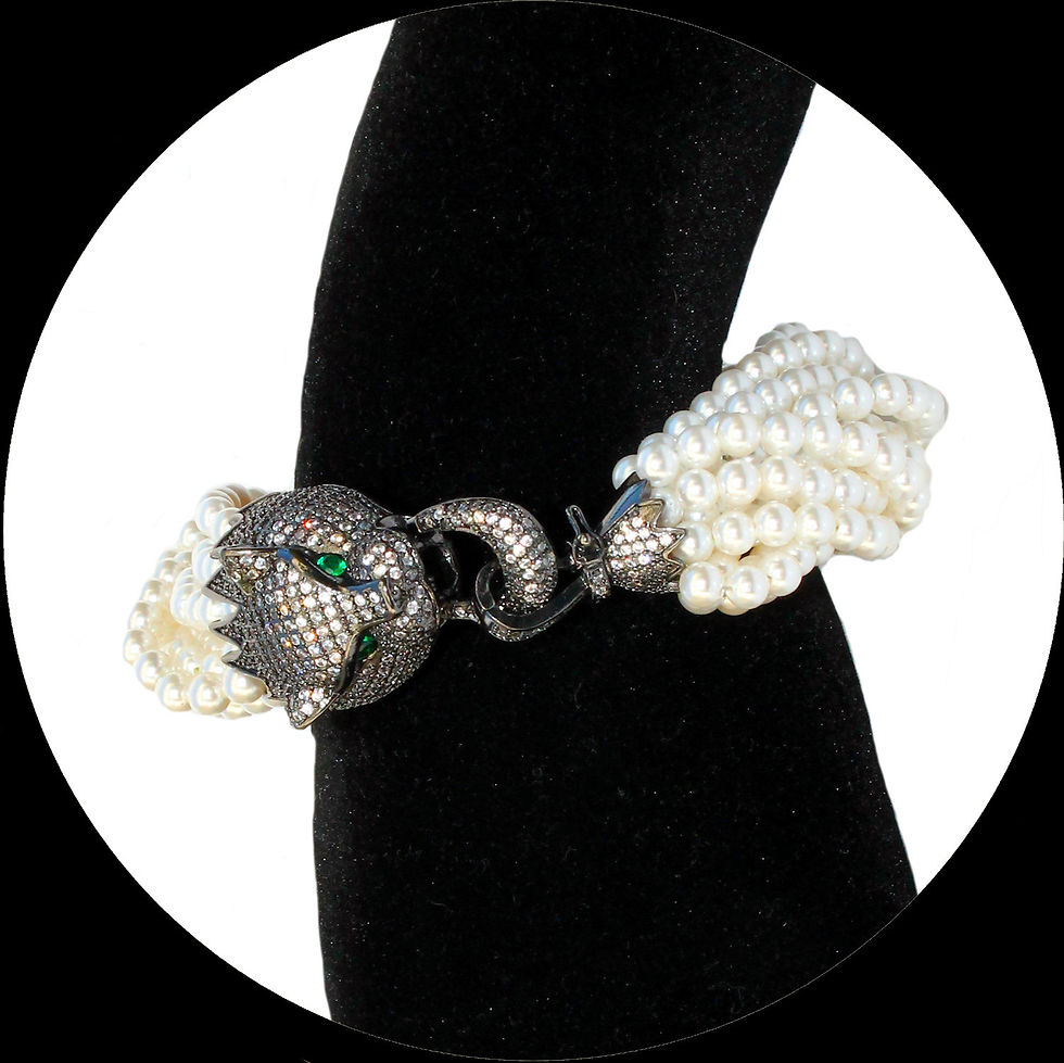 Miniature : Bracelet en métal rhodié noir avec perles et fermoir panthère pavé de zirconium