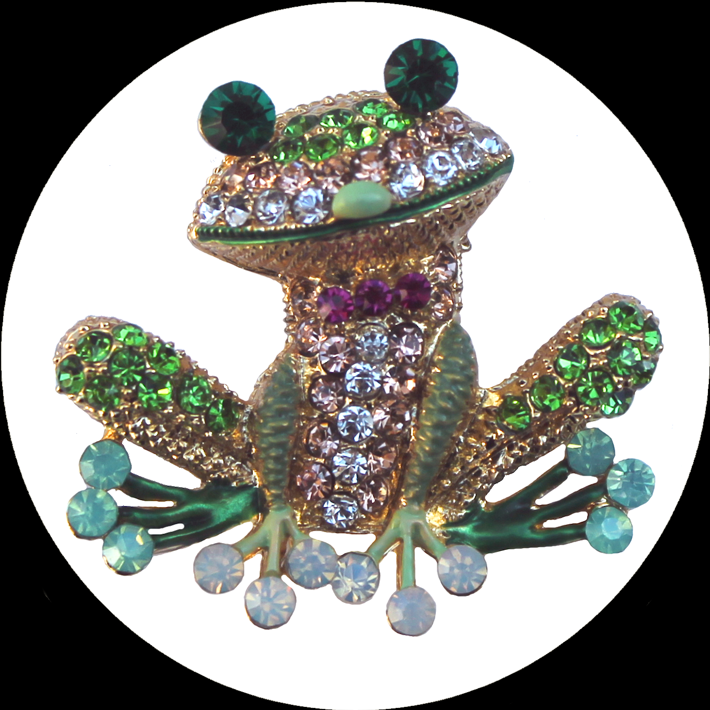 Frog brooch and pendant with colourful crystals in gold-coloured metal
