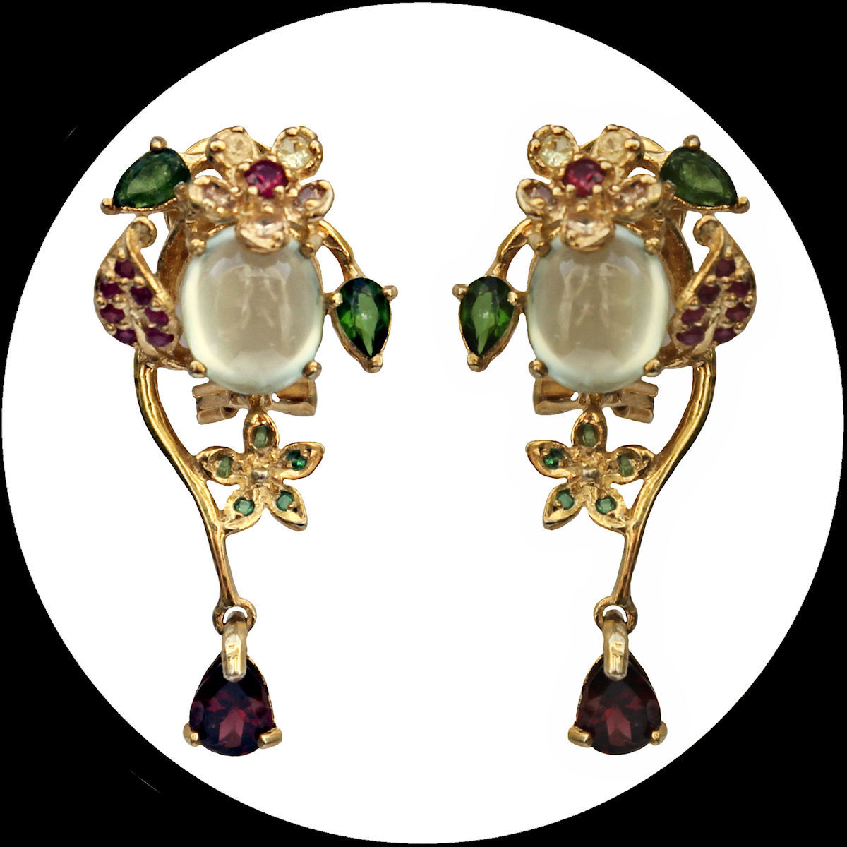 Floral Chandeliers with Prehnite, Tsavorite and red Garnet in gold-plated silver