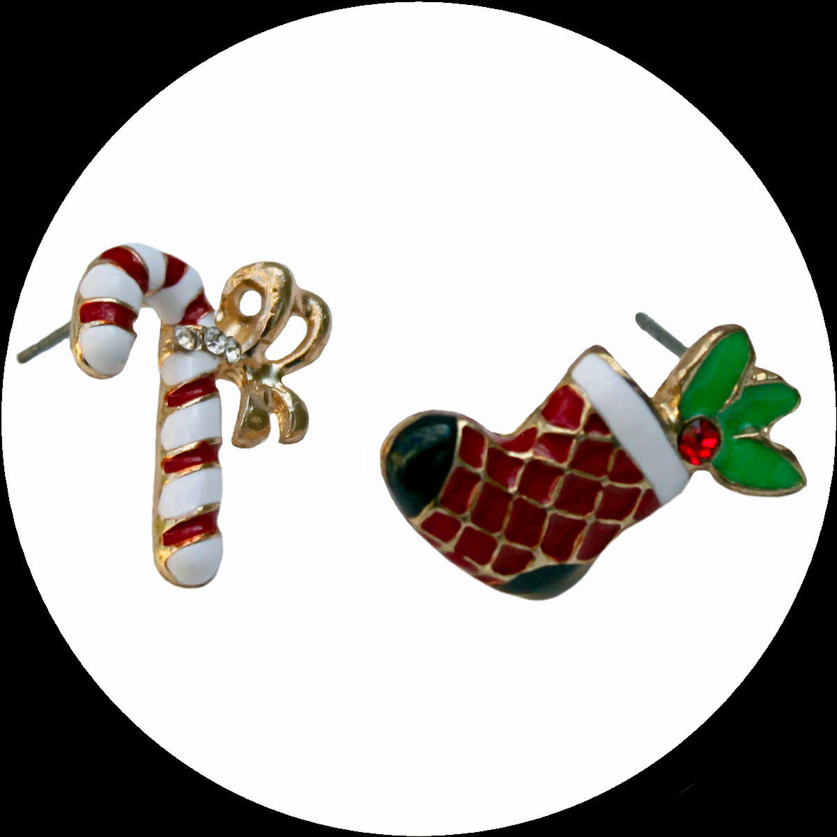 Enamelled earrings with candy cane and Santa boot made of gold-plated metal