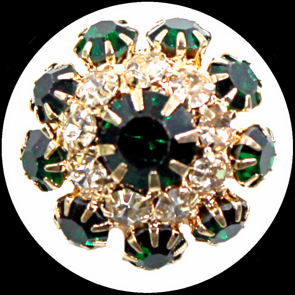 Vintage-style button with white rhinestones and dark green crystals, approx. 21 mm