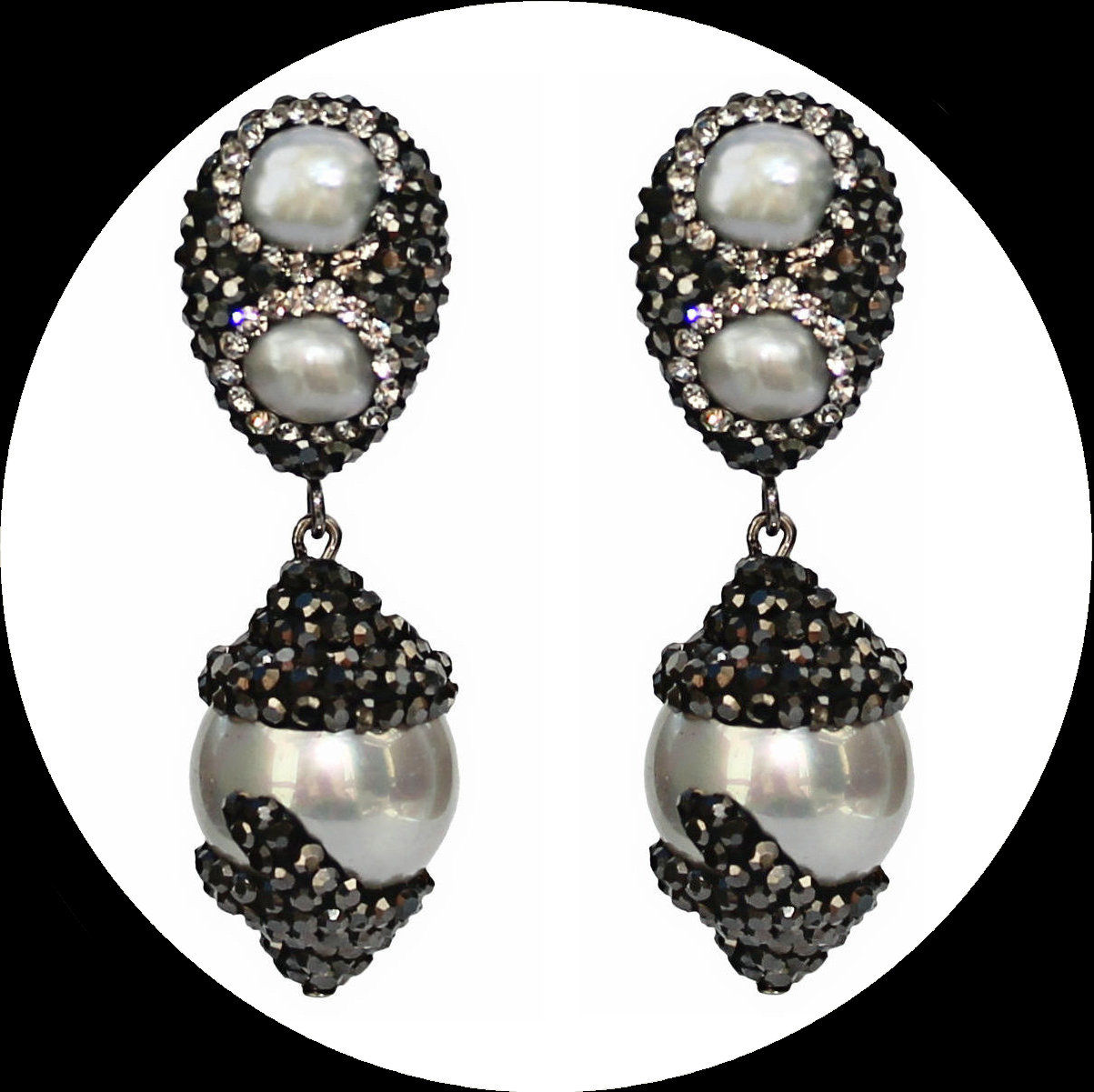 Two-piece earrings with freshwater pearls and black cubic zirconia pavé