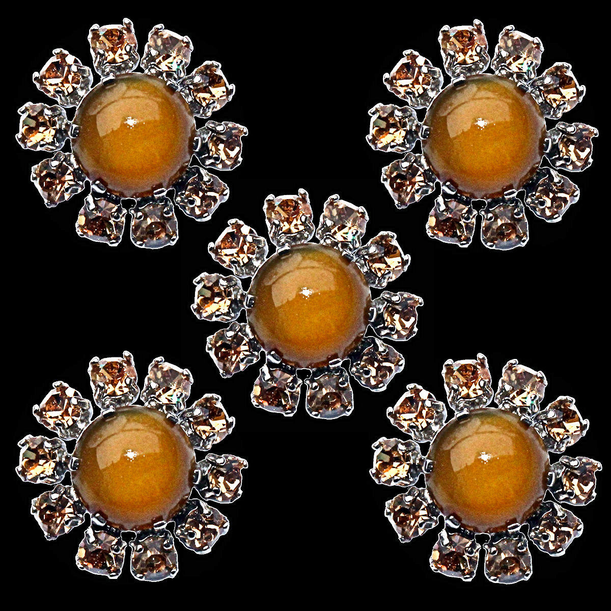 Five silver-coloured vintage buttons with brown cabochons and rhinestones, approx. 22mm