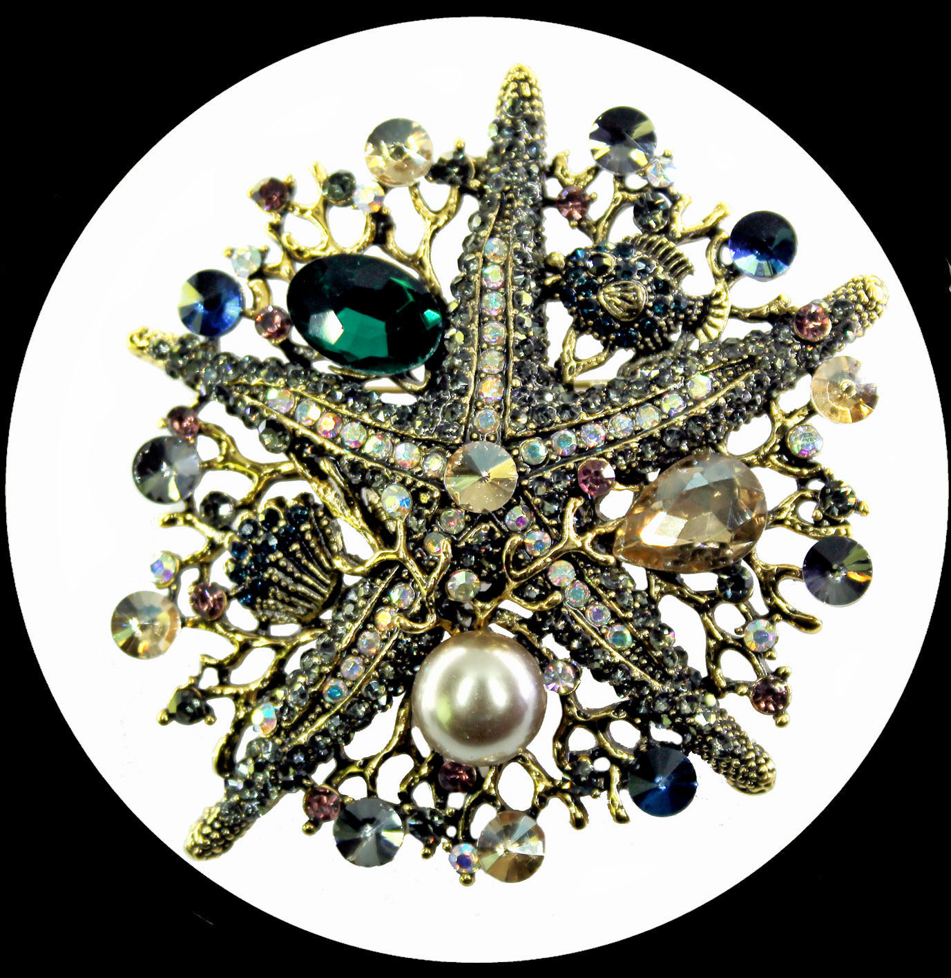 Brosche und Anhänger großer kristallbesetzter Seestern mit beigefarbener Perle