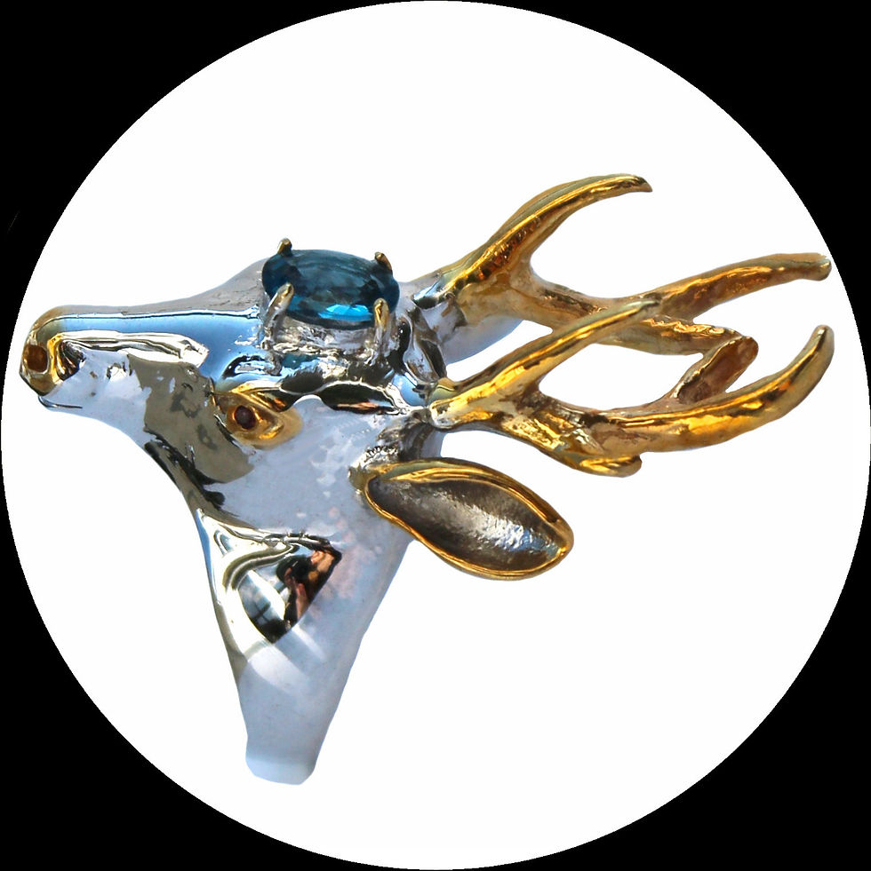 Bague avec Cerf et topaze en argent doré et rhodié, taille 58