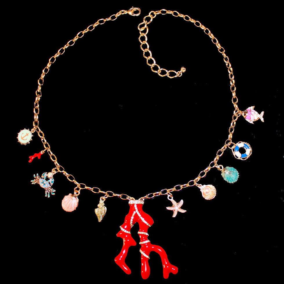 Miniature : Collier avec grand pendentif en corail émaillé et charms maritimes