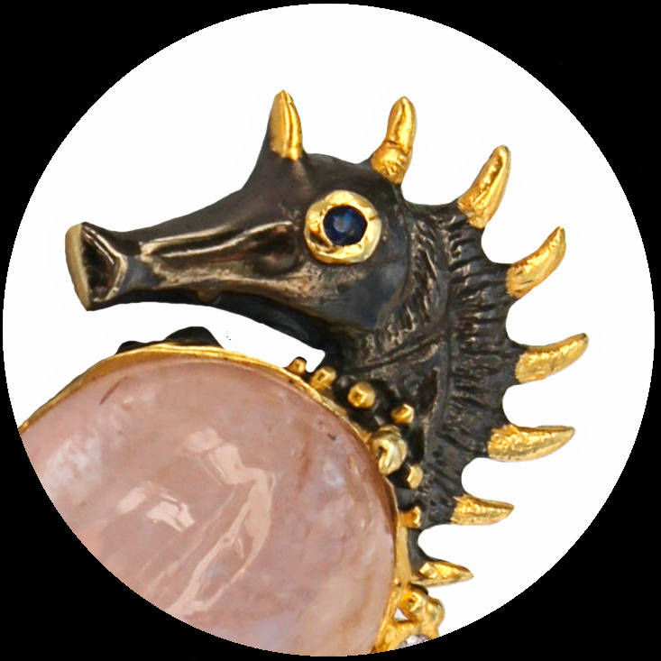 Miniature : Pendentif et broche Hippocampe avec morganite et topaze en argent 925