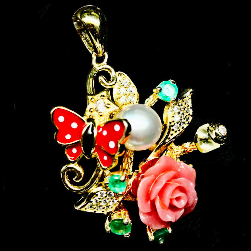 Miniatura: Pendente con corallo rosa e perla in argento sterling 925 dorato