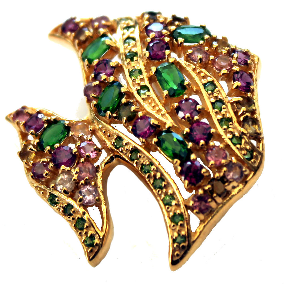 Miniature : Broche Poisson tropical avec rhodolite et diopside en argent 925 doré