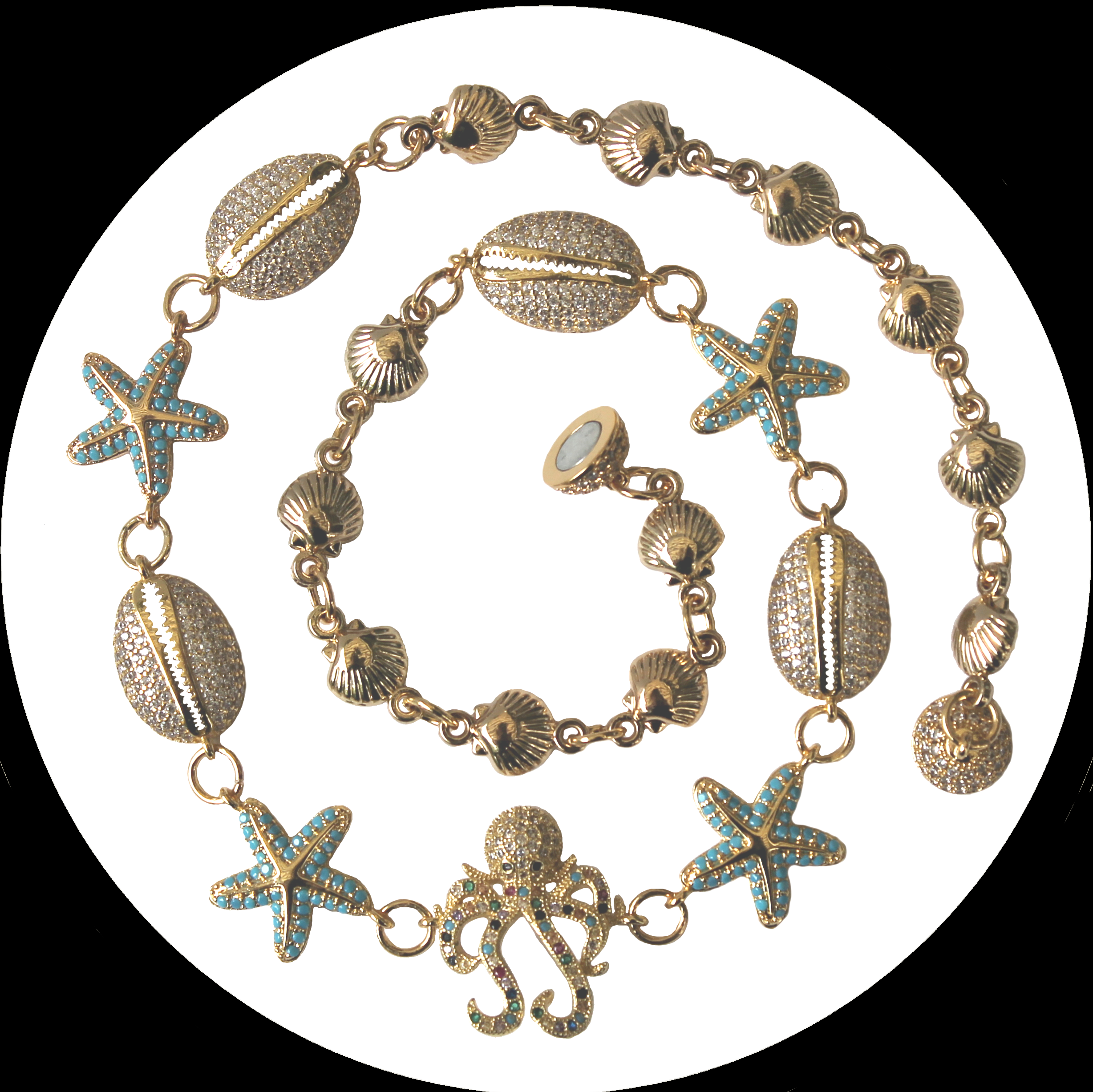 Gold-plated necklace with zirconia-set shells, starfish and octopus