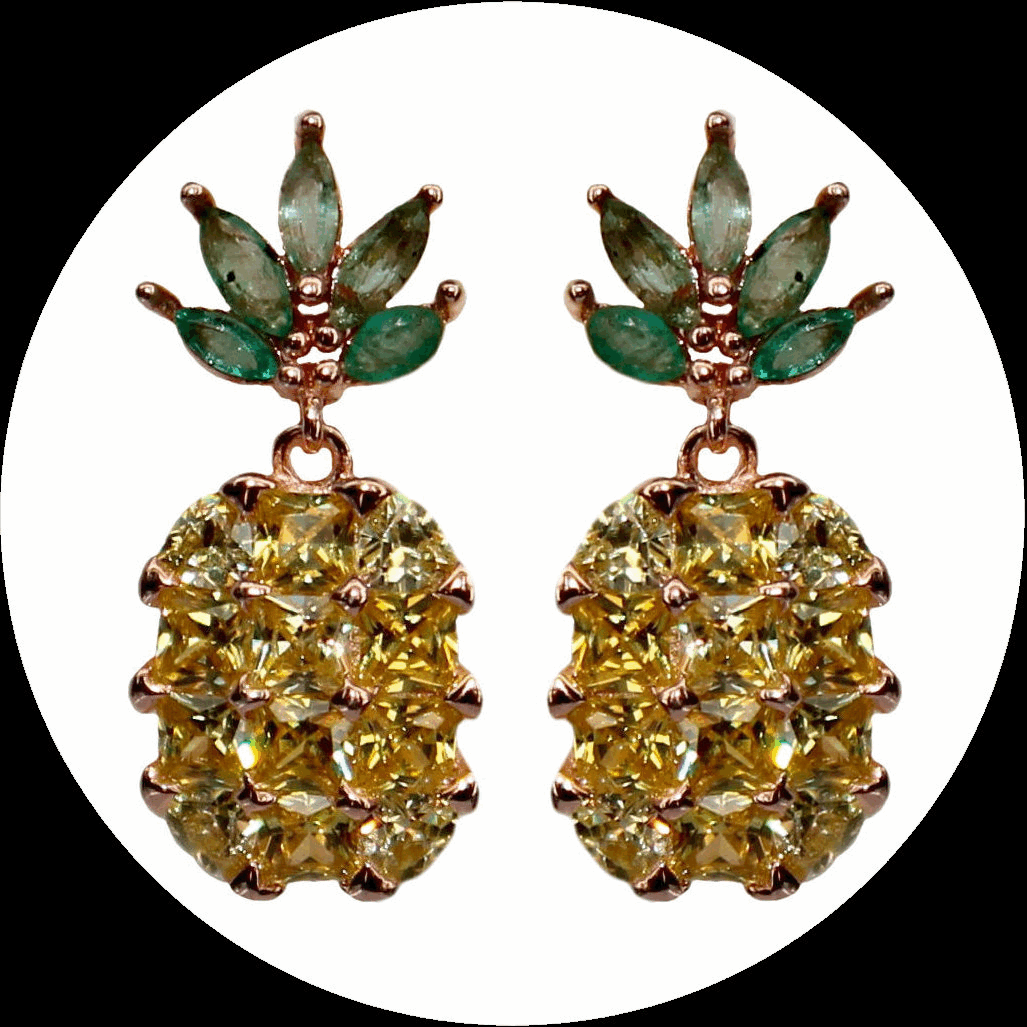 Orecchini ananas con smeraldi e zirconia cubica gialla in argento 925 dorato