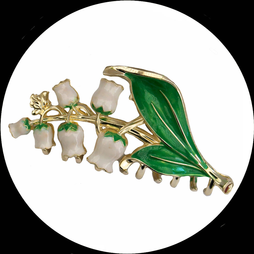 Haarkralle aus vergoldetem und emaillierten Metall mit weißen Maiglöckchen