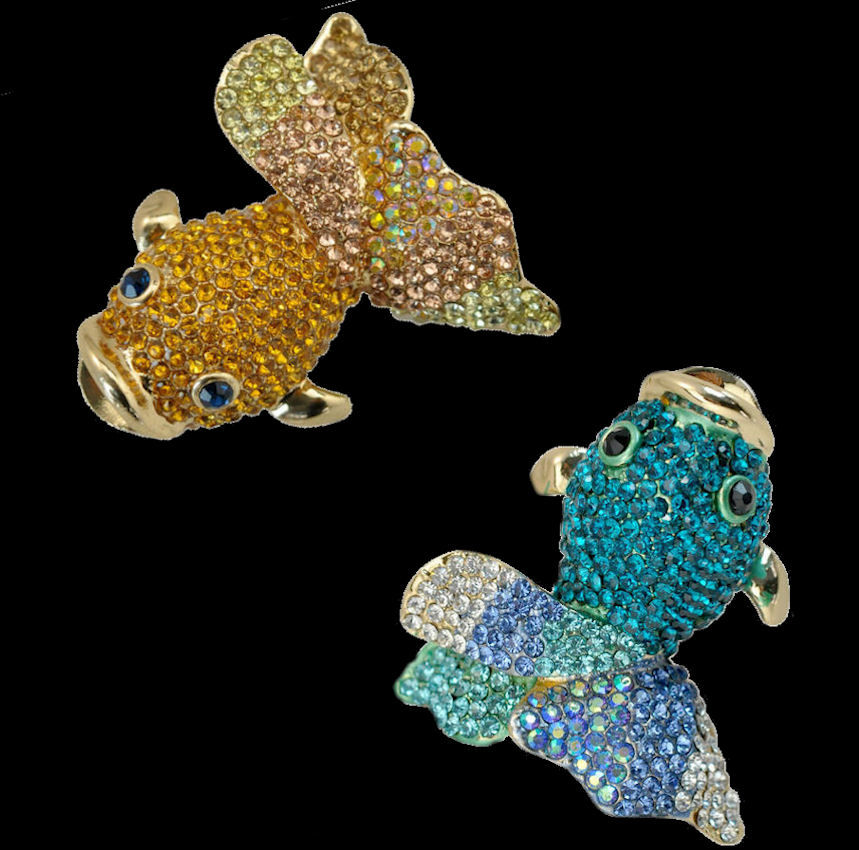 Thumbnail: Gold-coloured brooch Goldfish with blue or yellow glass crystal pavé