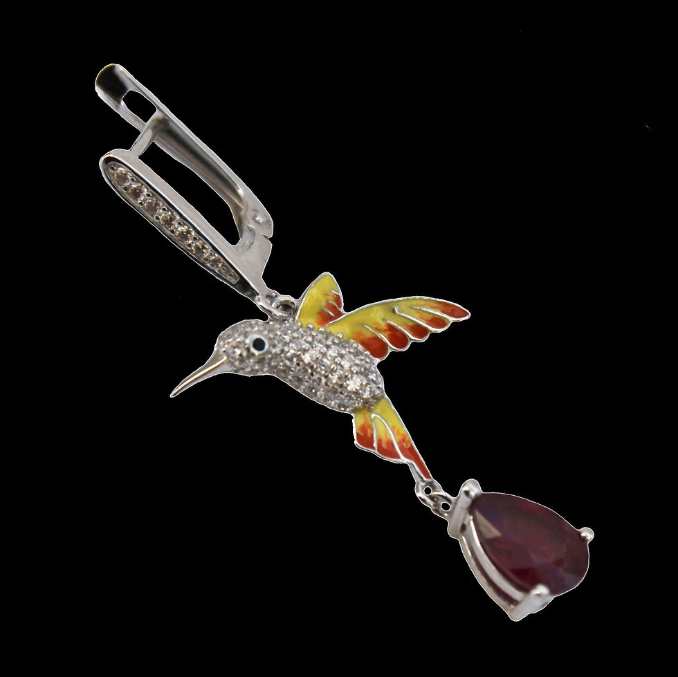 Miniaturbild: Rot und Gelb emaillierte Kolibri Chandeliers mit Rubin aus 925er Sterlingsilber