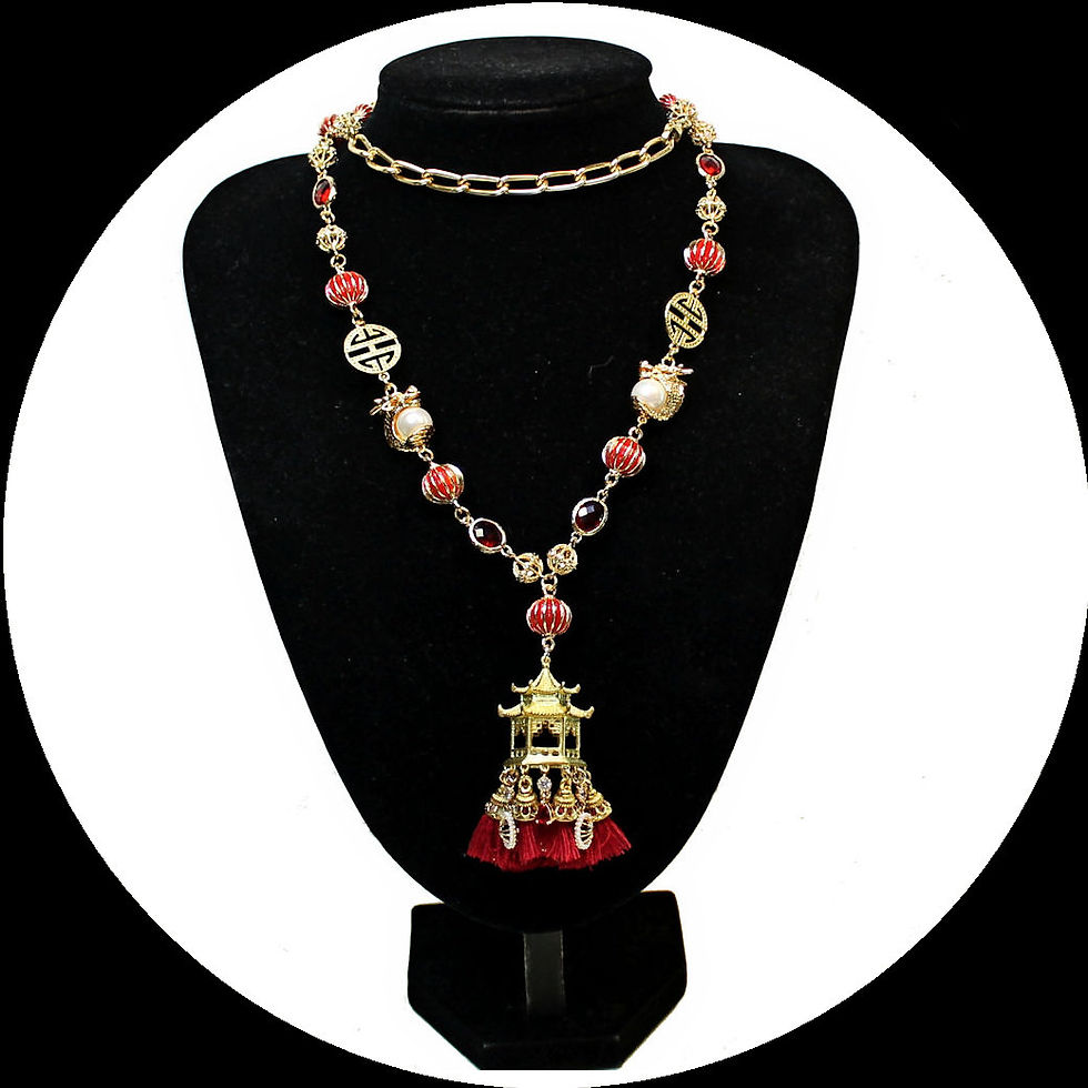 Thumbnail: Long necklace with pagoda pendant, red tassels and beaded dragons