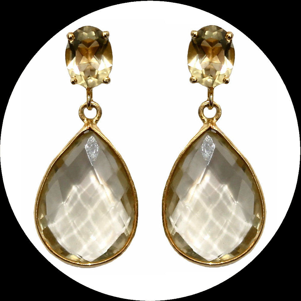 Earrings with large checkerboard-cut lemon quartz crystals in gold-plated silver