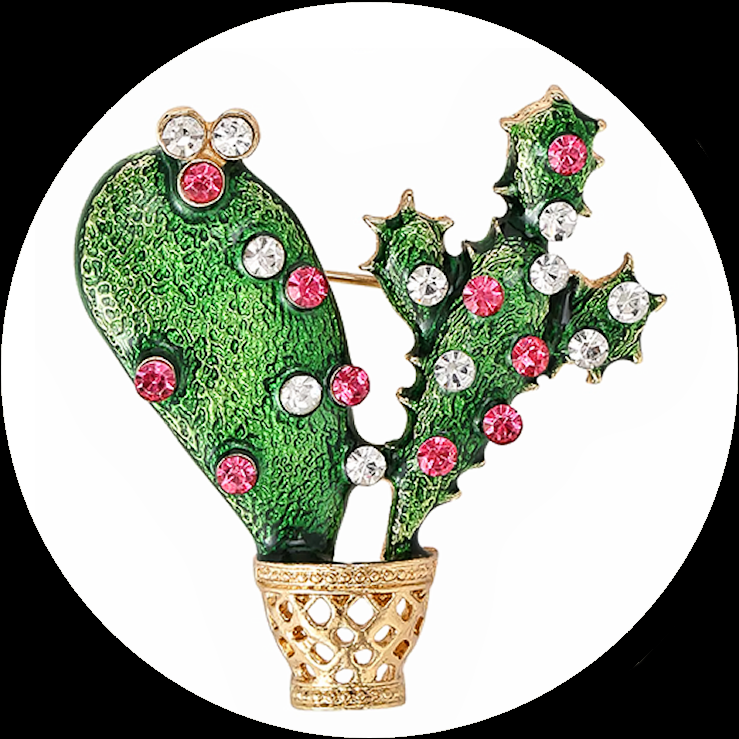 Cactus brooch in pot made of gold-coloured metal and enamel