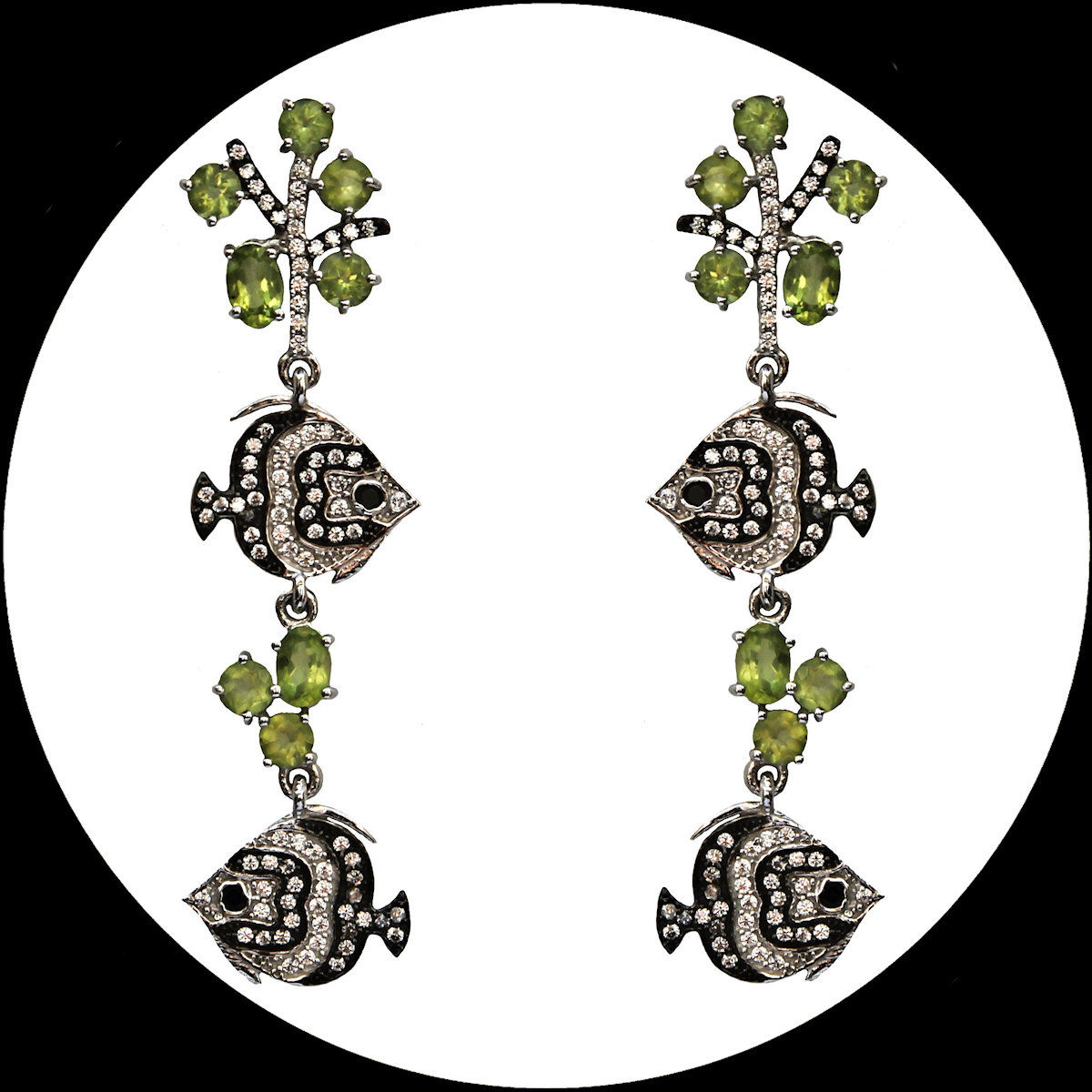 Long peridot-studded chandeliers with fish and coral branches in 925 silver