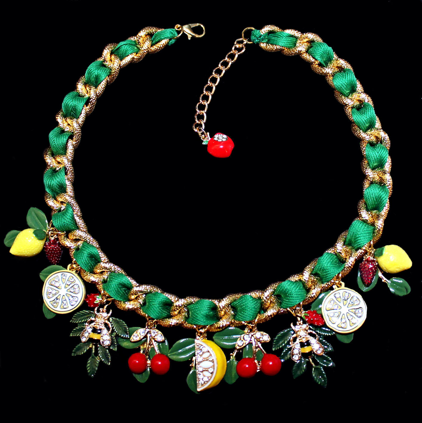 Statement necklace with lemons, cherries, strawberries, bees and leaves