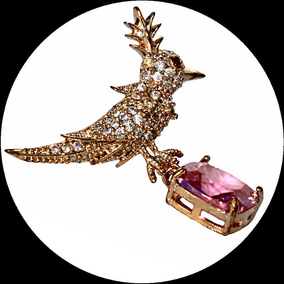 Thumbnail: Stud earrings with zirconia-pavé birds and pink crystal in gold-plated copper
