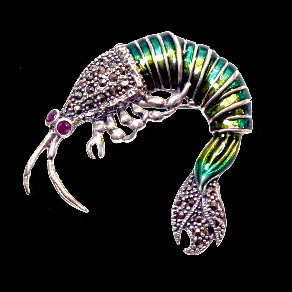 Enamelled shrimp brooch in 925 Sterling silver with marcasites and rubies