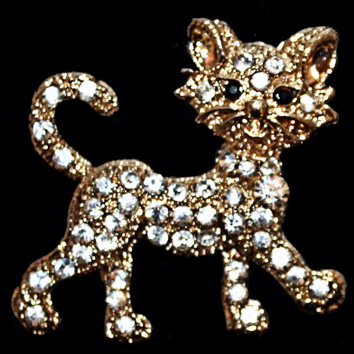 Miniature : Broche en forme de chat en métal doré avec des cristaux 