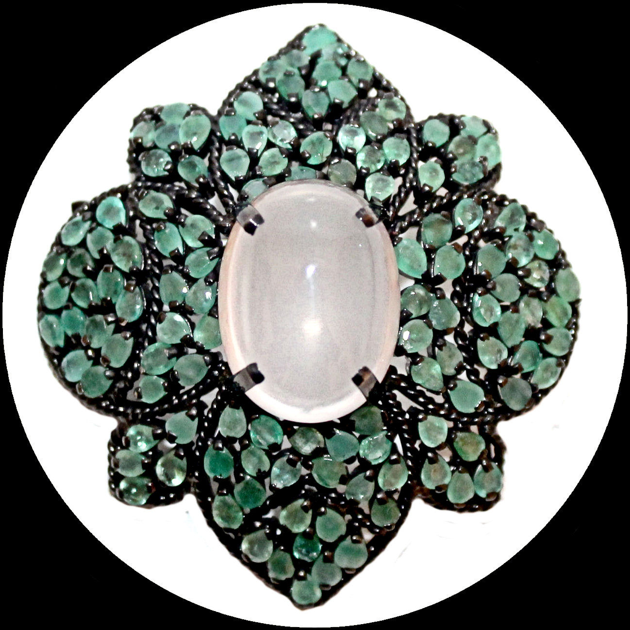 Large brooch and pendant with emerald and rose quartz in blackened silver