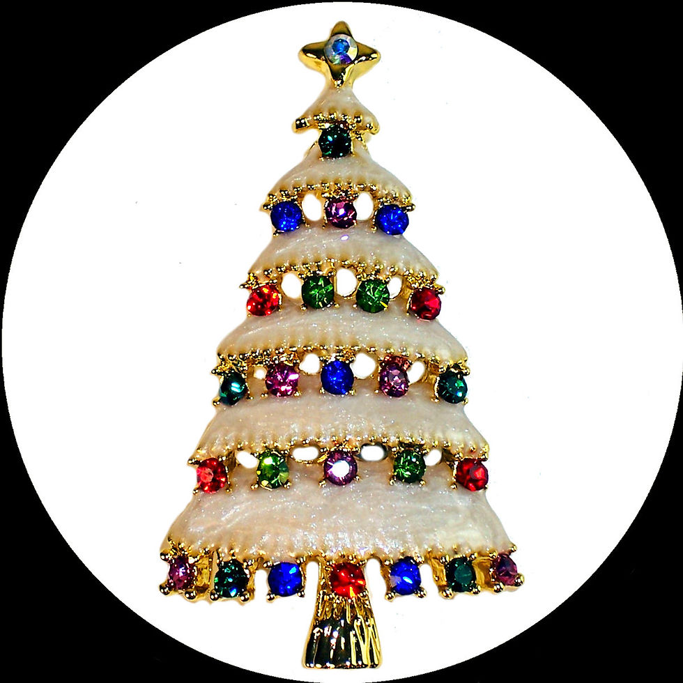 Brosche verschneiter Weihnachtsbaum mit bunten Kristallen aus vergoldetem Metall