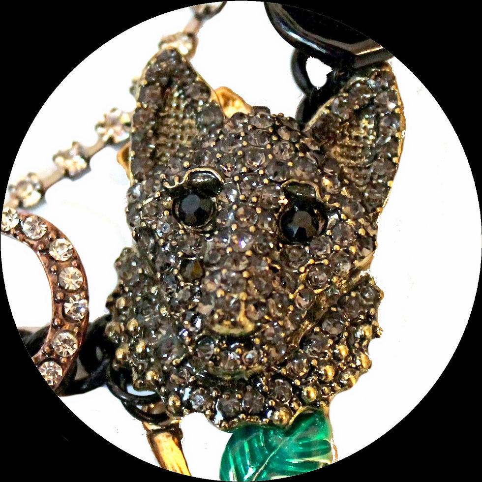 Thumbnail: Necklace with stag, wolf, rabbit and colourful crystals made of blackened metal