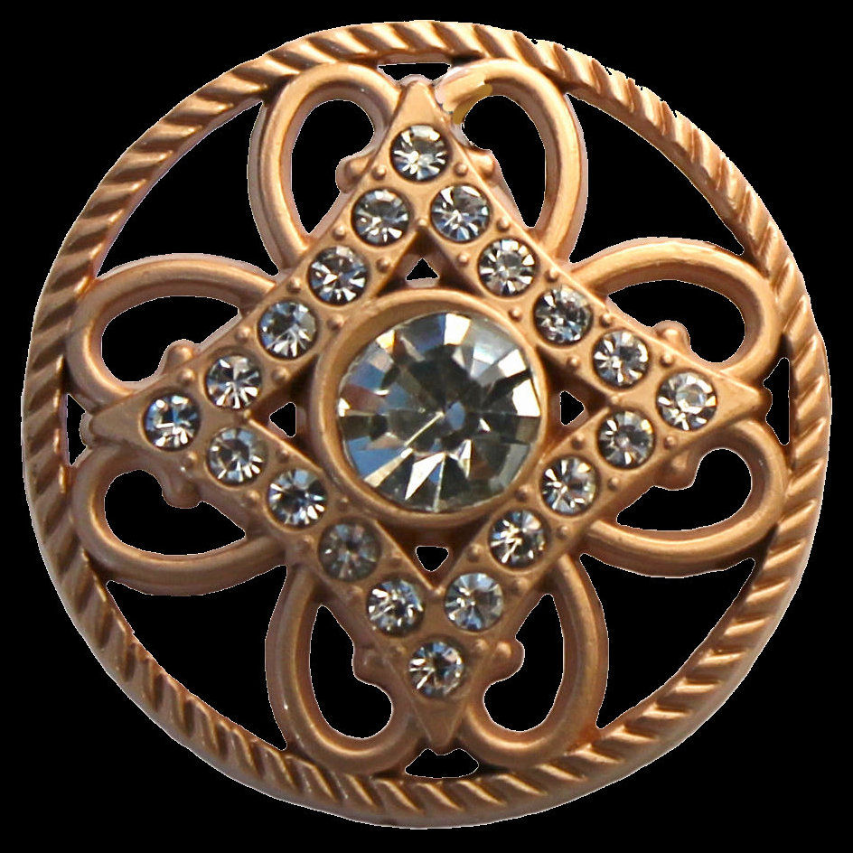 Matt gold-coloured ornamented round shank button with rhinestones, 25mm or 15 mm to choose