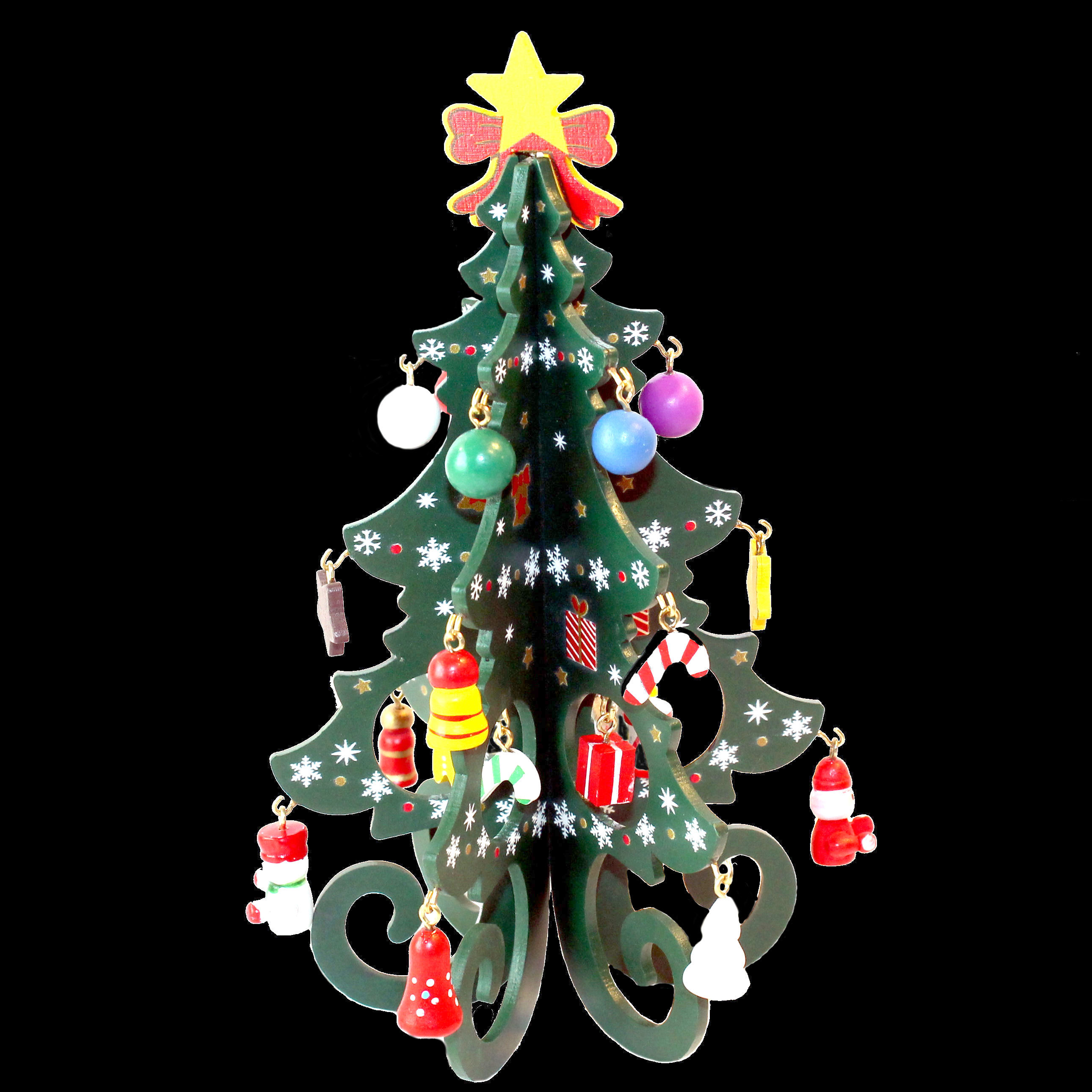 Christmas decoration Wooden Christmas tree with colourful pendants