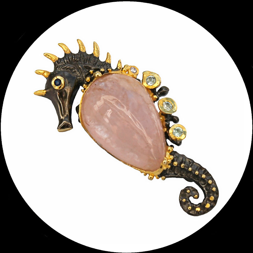 Miniature : Pendentif et broche Hippocampe avec morganite et topaze en argent 925