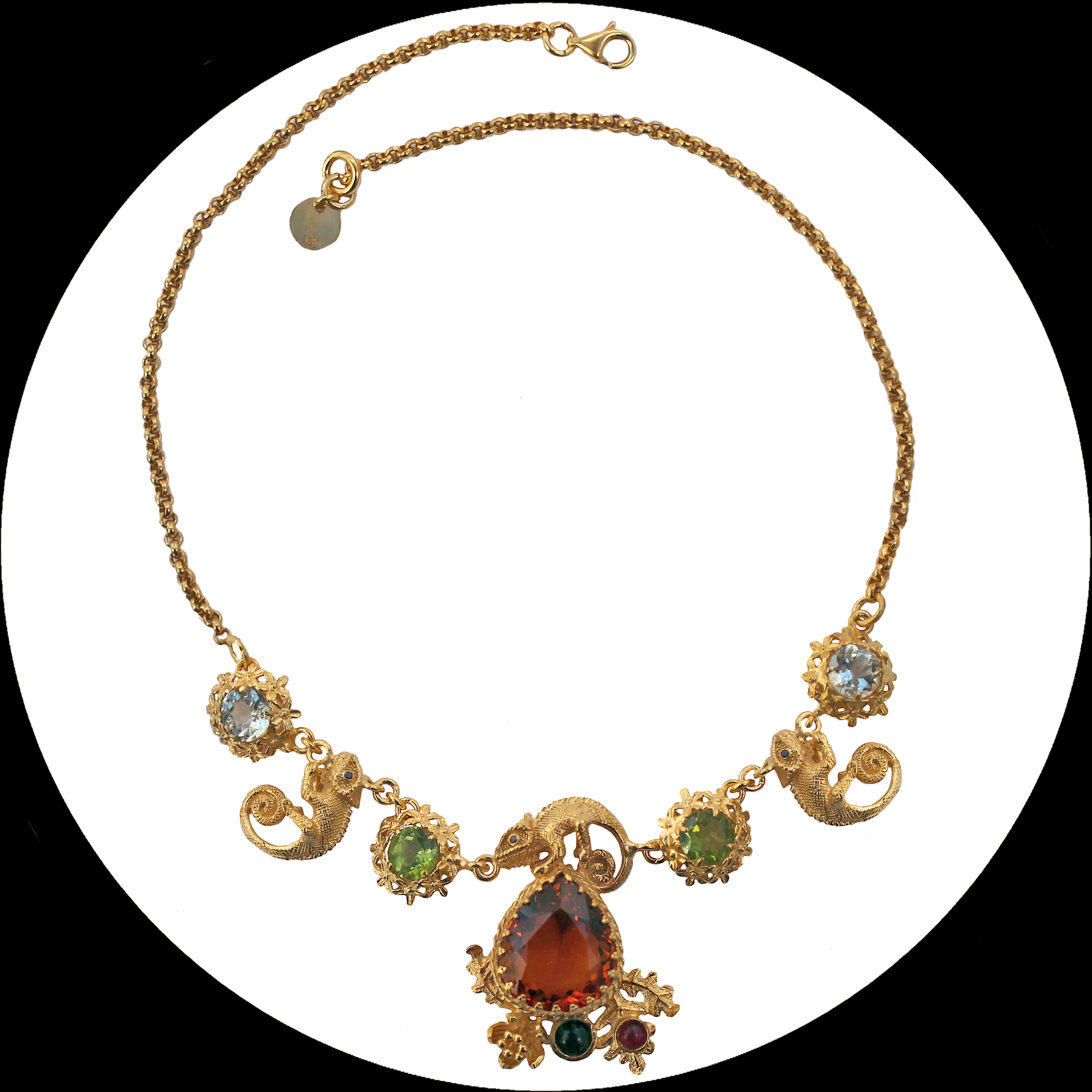 Collana con camaleonte, citrino, topazio e peridoto in argento placcato oro