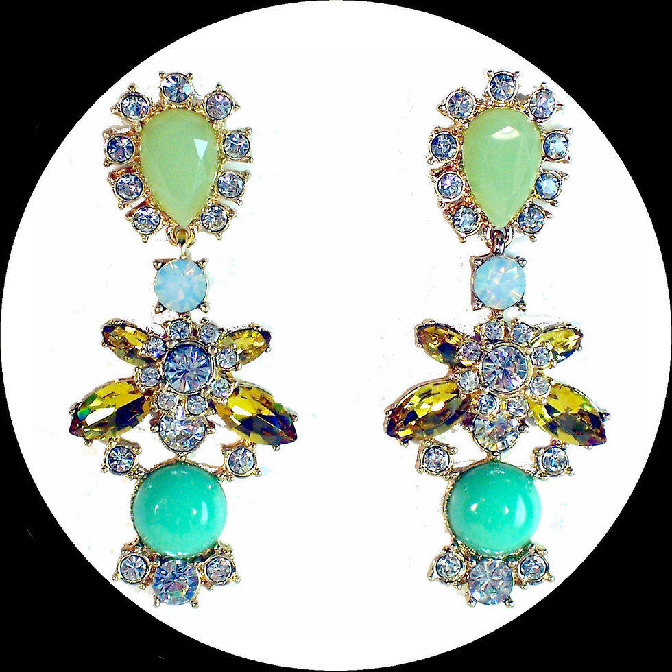 Gold-plated chandeliers with green, white and yellow crystals