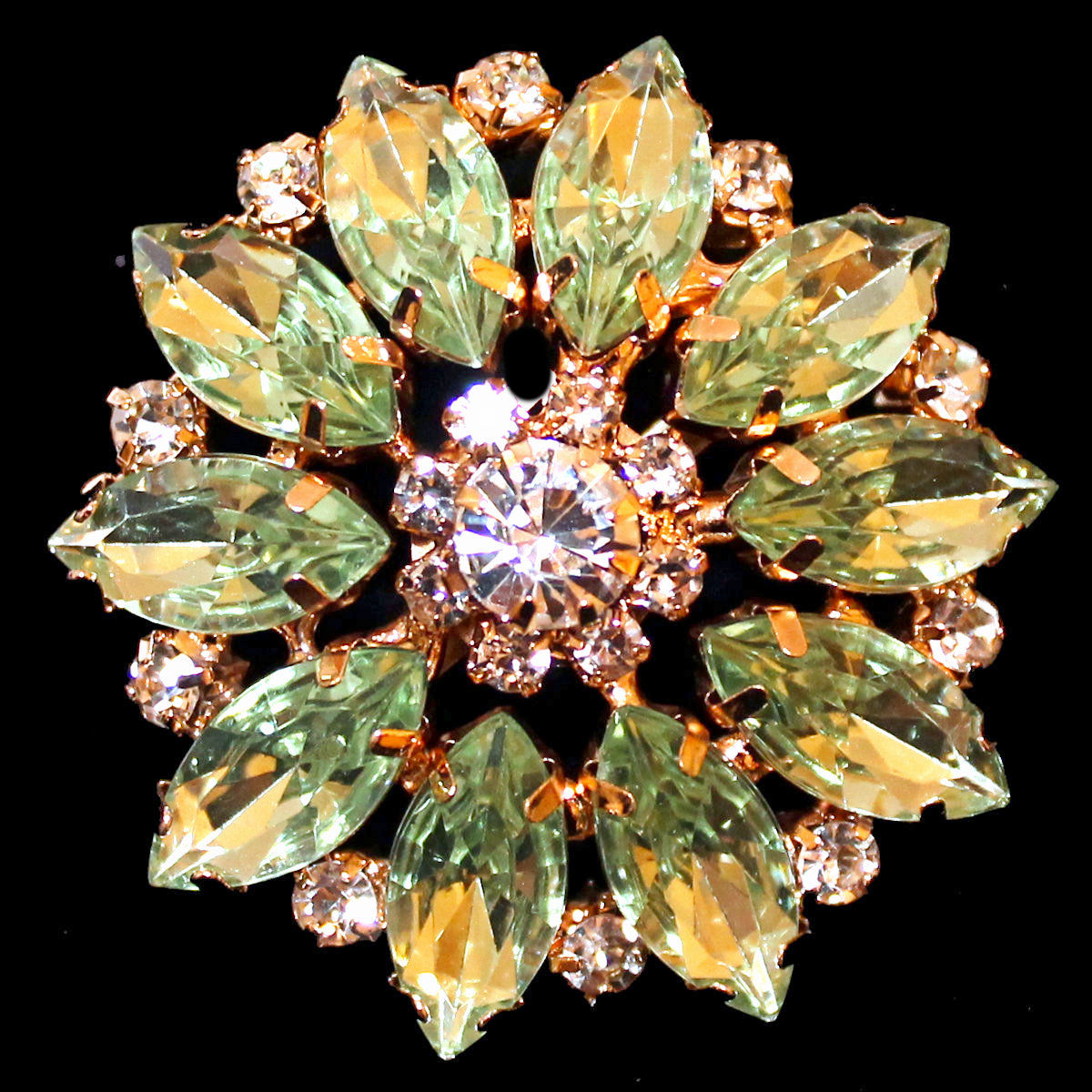 Large vintage-style button with white rhinestones and green gemstones, 38 mm