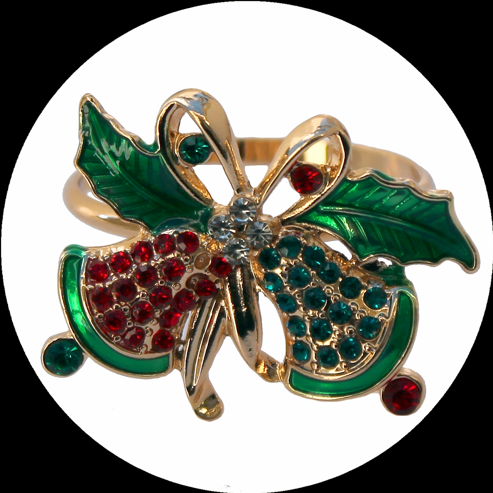 Thumbnail: Set of eight Christmas rhinestone-studded, gold-plated napkin rings