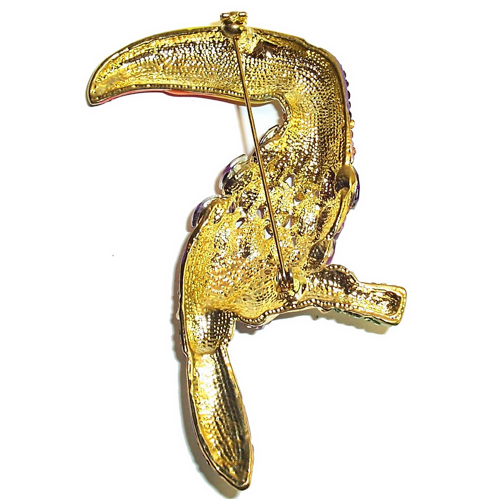 Miniature : Grande broche en forme de toucan avec des cristaux de verre colorés, en métal doré
