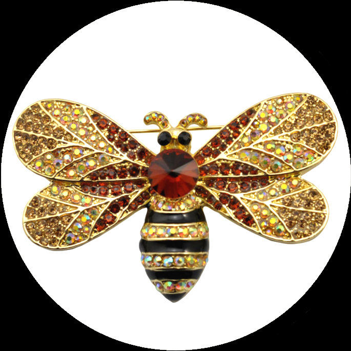 Large enamelled and gold-plated brooch in the shape of a bee with beige and brown crystals