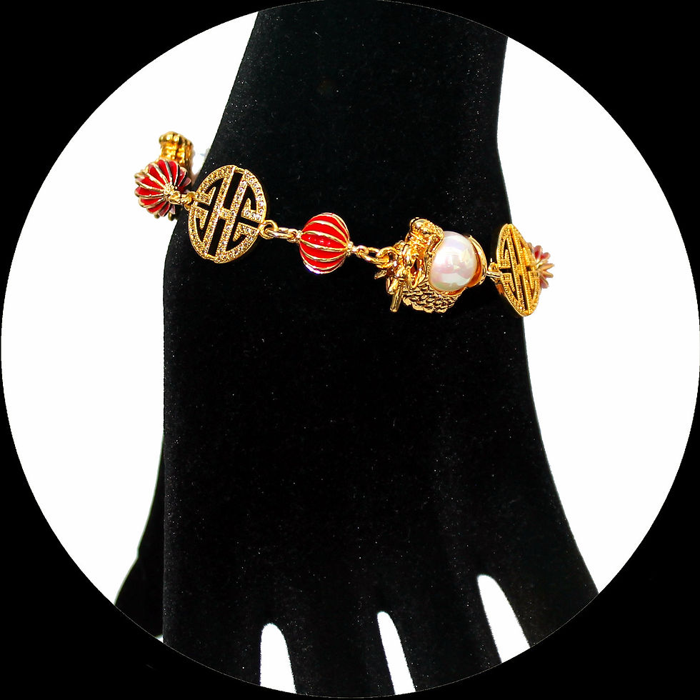 Thumbnail: Bracelet with pearl-studded dragons and zirconia-studded lucky symbols
