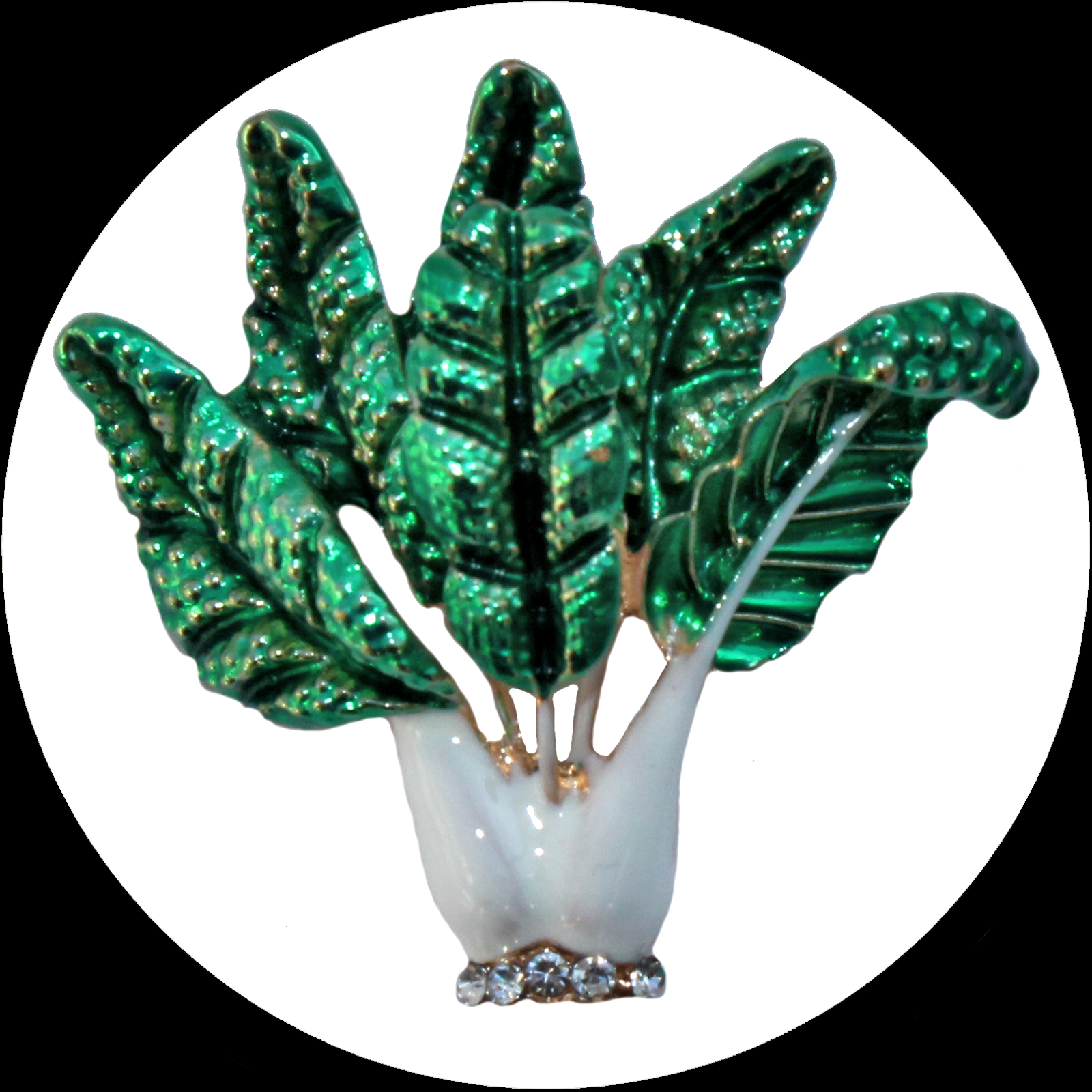 Enamelled mangold brooch in gold-coloured metal with white crystals