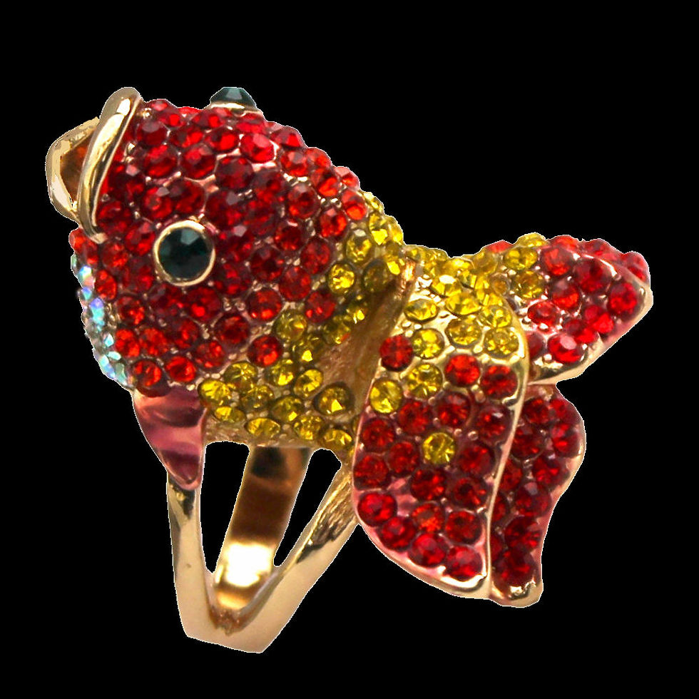 Miniature : Bague Poisson Rouge avec cristaux rouges, jaunes et blancs, taille 54