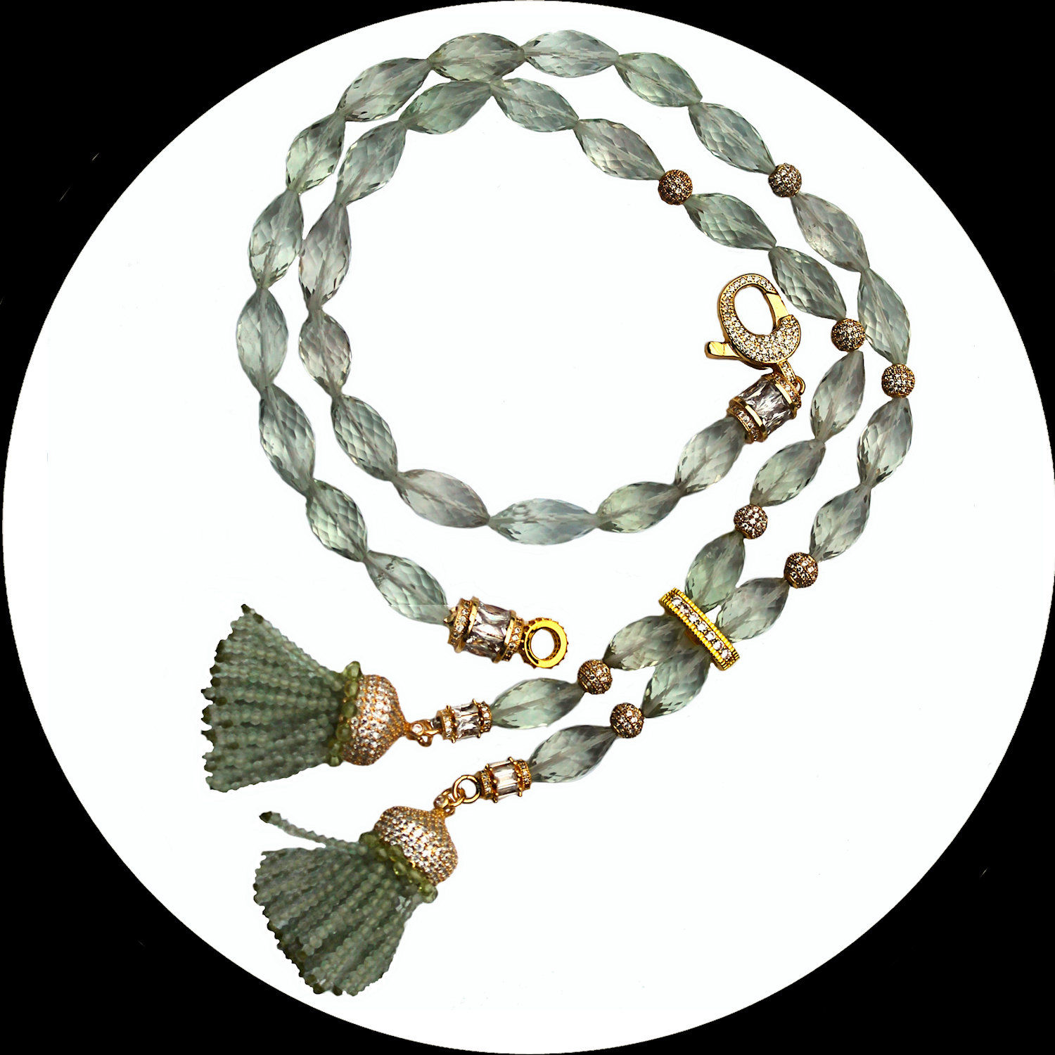 Long necklace made of faceted green amethyst with two tassels