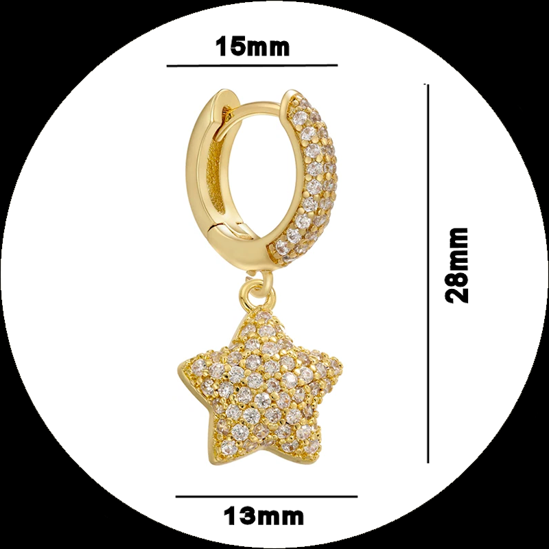 Miniatura: Orecchini a cerchio con zirconia cubica e pendenti a stella in rame dorato