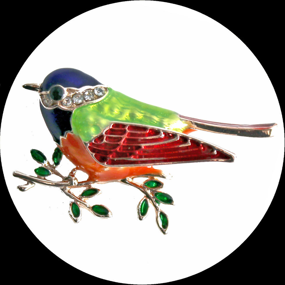 Bunt emaillierte Brosche Meise aus vergoldetem Metall mit Glaskristallen
