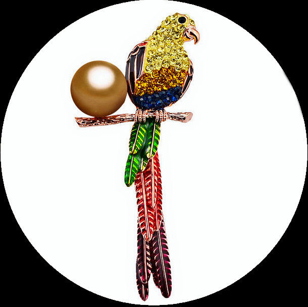 Rose gold-coloured parrot brooch with colourful crystals, pearl and enamel