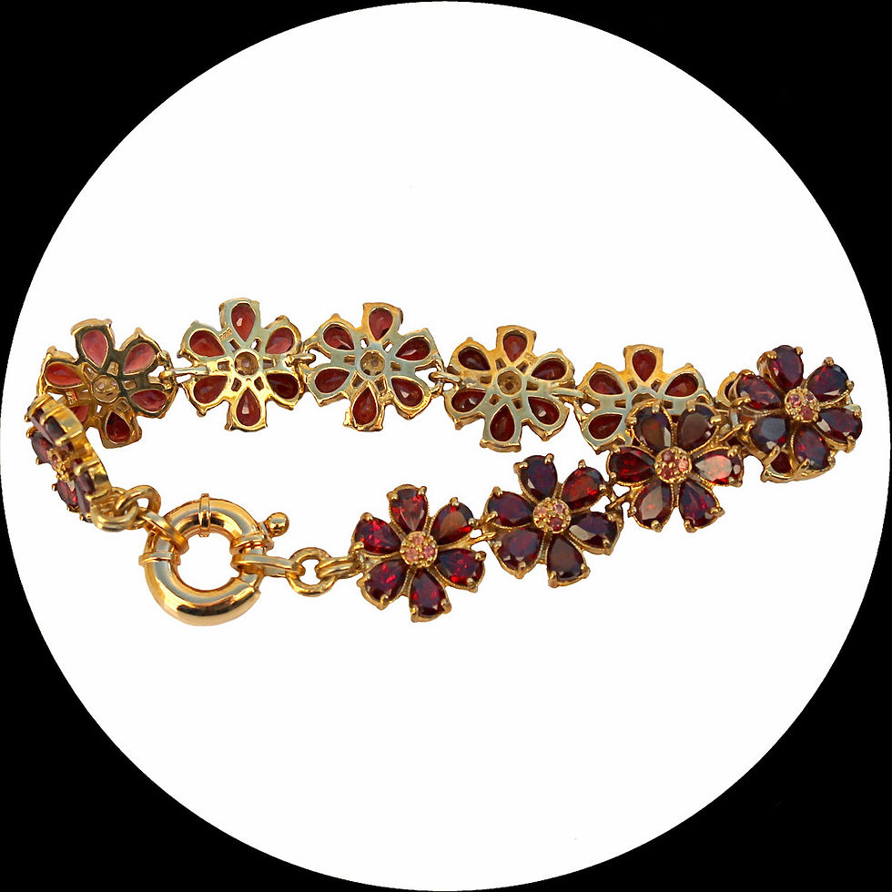 Bracelet en argent 925 plaqué or avec des fleurs en grenat et rubis