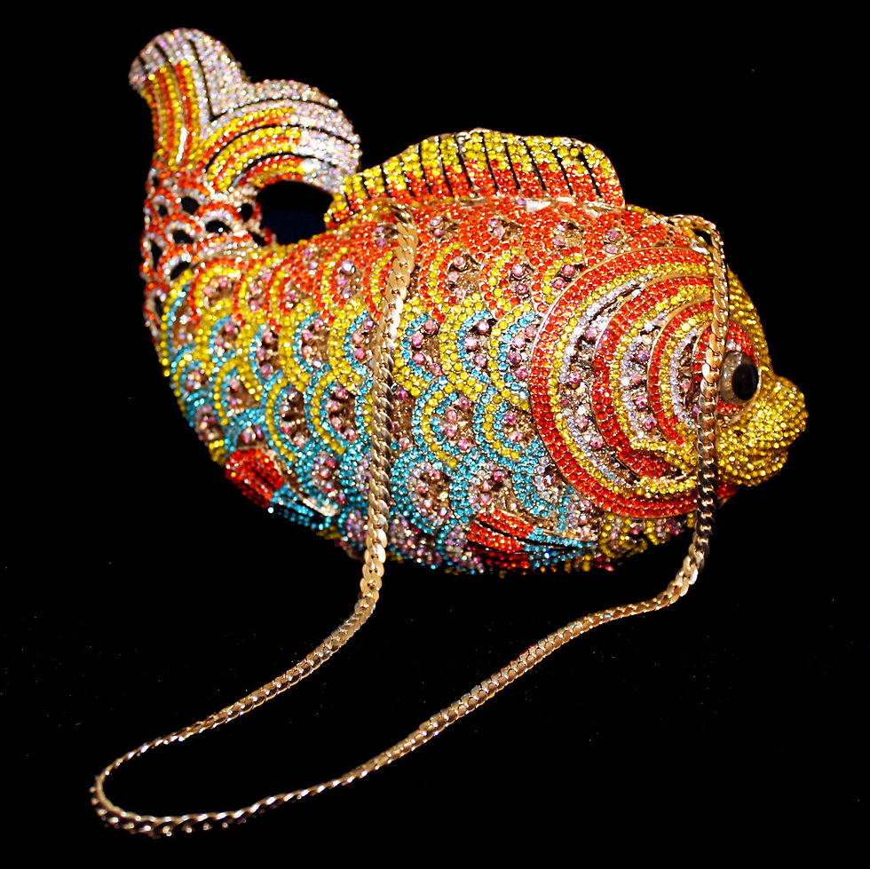 Thumbnail: Goldfish handbag or clutch with colourful crystal pavé