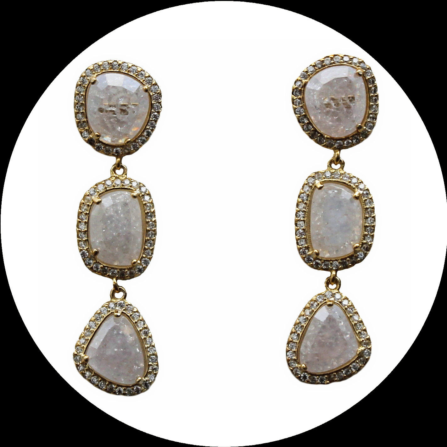 Long three-part chandelier with white zirconia in gold-plated 925 silver